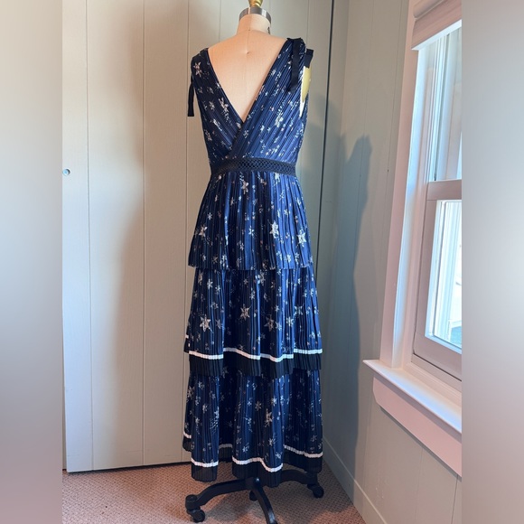 Self Portrait Deep V Navy Star Print Dress with 3 Tiered Skirt - Picture 6 of 8